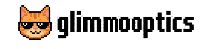 GlimmoOptics Logo - Affordable high-quality glasses and sunglasses from Jiangsu, featuring a cool pixel art orange tabby cat with sunglasses.