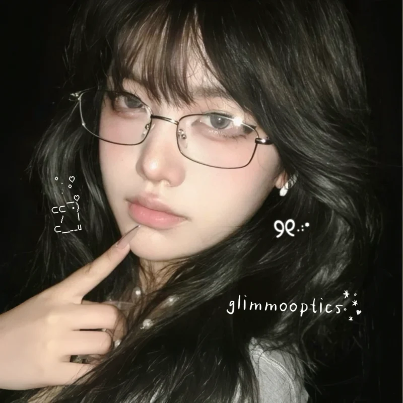 Vintage Office Siren Rectangle Metal Frame Glasses Thin Rim Clear Lens for Women Retro Geek Chic Style