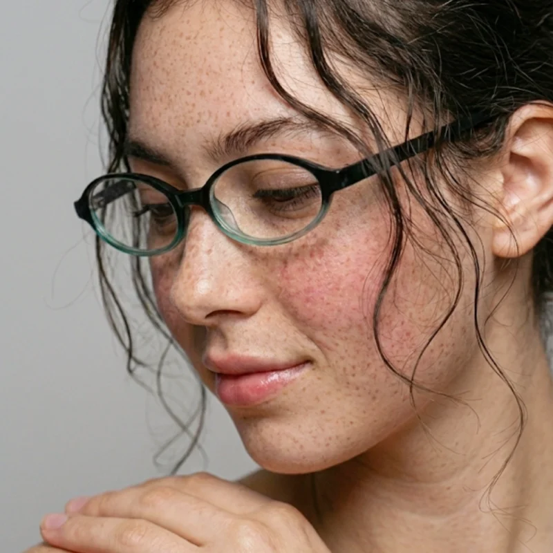 A side profile of a freckled woman looking down smiling featuring Vintage Y2K Oval Glasses in lightweight plastic for daily fashion wear.