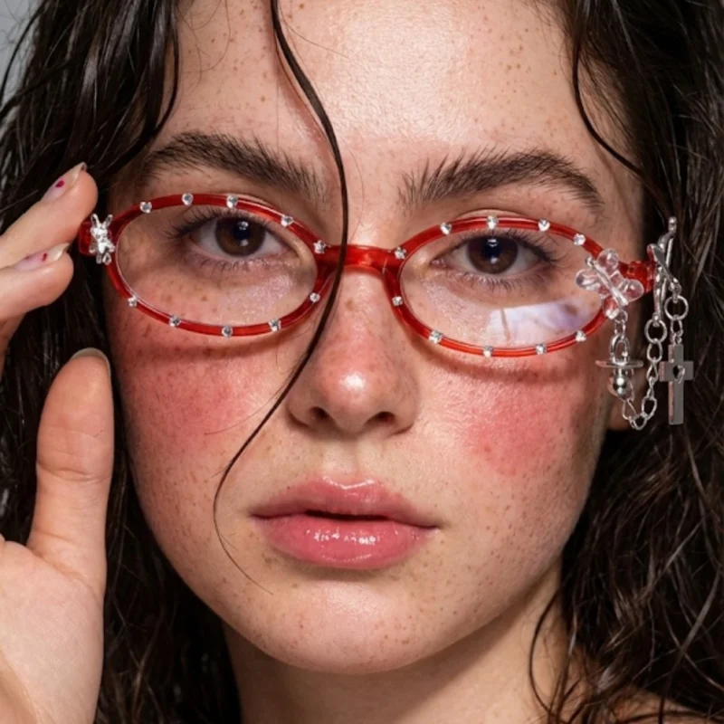 A sweet coquette aesthetic featuring clear lens fashion glasses in red plastic for trendy daily selfies.
