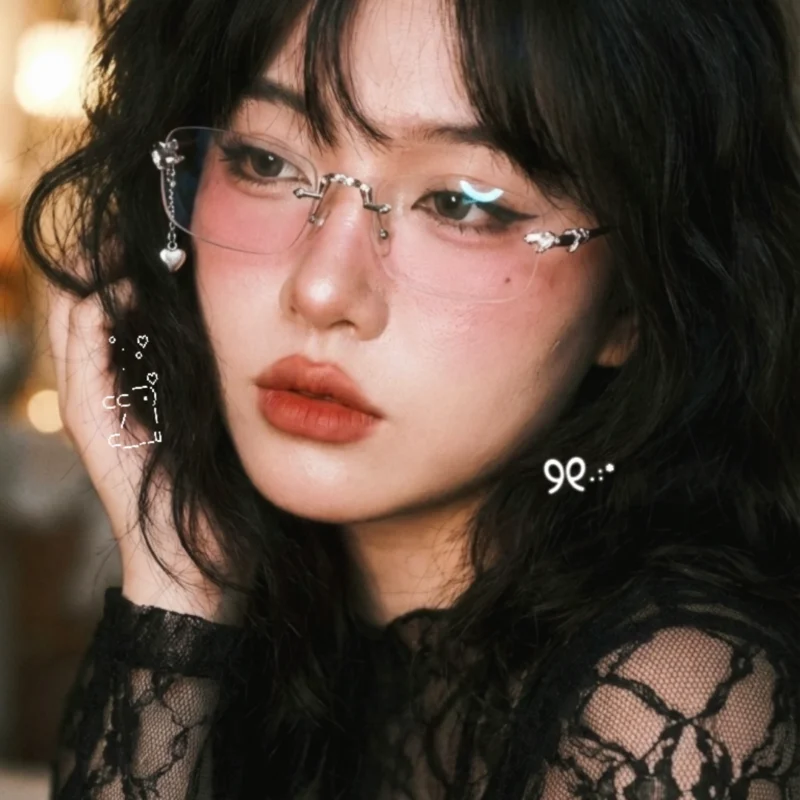 Y2K Aesthetic Rimless Glasses with Heart Charms and Floral Bridge Silver Metal Frames for Women - Luxury Fairycore Eyewear