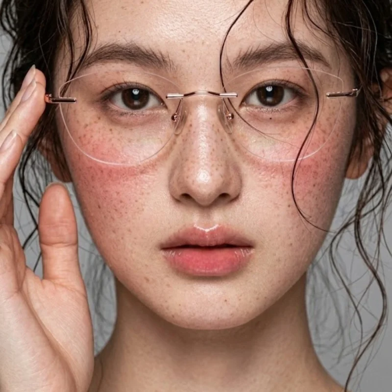 A minimalist rimless look featuring rimless titanium eyeglass frames in Titanium for daily women wear.