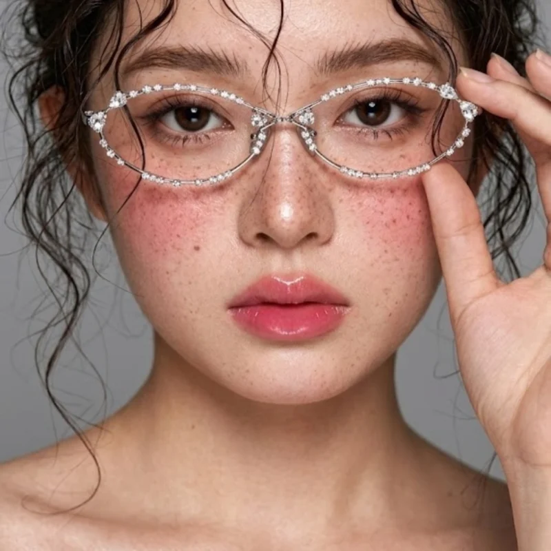 A close-up portrait featuring Titanium full-rim eyeglass frames in Silver for everyday wear.