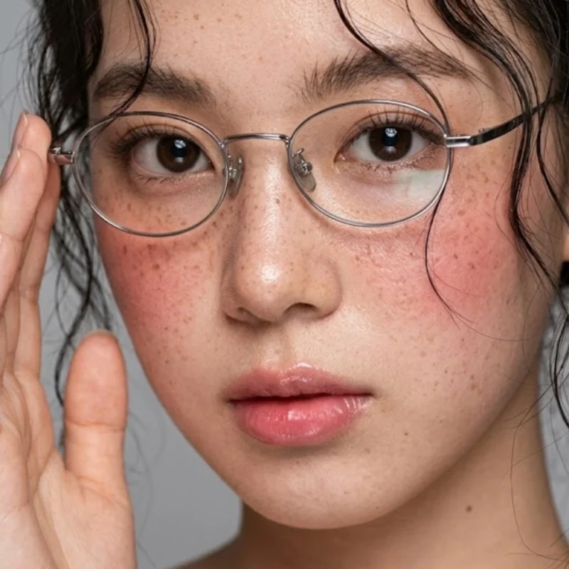 A model photo featuring Titanium Oval Eyeglasses in Mixed Material for a small-face flattering everyday look.