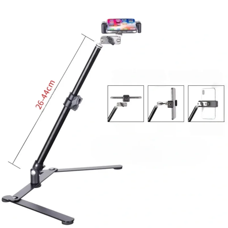 A minimalist overhead desktop phone stand featuring Overhead Phone Stand in Alloy for filming, scanning, and live streaming.